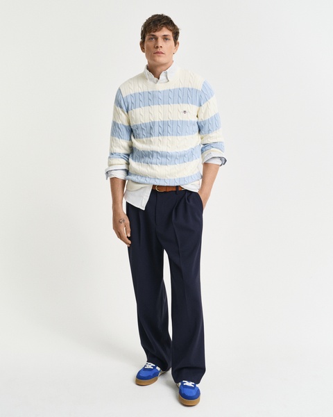 STRIPED COTTON CABLE C-NECK