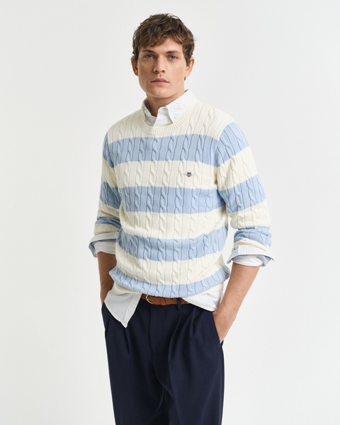 STRIPED COTTON CABLE C-NECK
